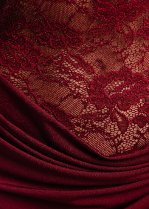 Burgundy lace and lyrca fabric swatch