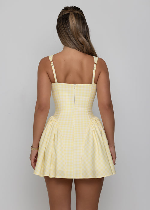 Day Dreamer yellow gingham mini dress flared skirt detail