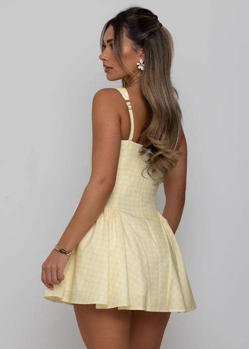 Day Dreamer yellow gingham mini dress styled for brunch
