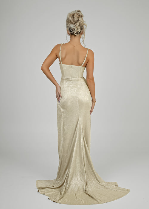 Women's gold shimmer prom gown with diamante straps, built in bust cups and thigh high spilt. Corset style waist for a cinched in look. 
