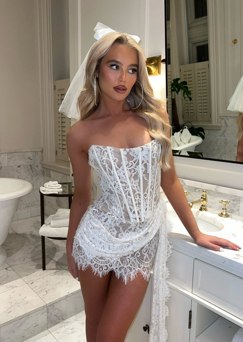 It's Complicated Lace Mini Dress with Drape - White