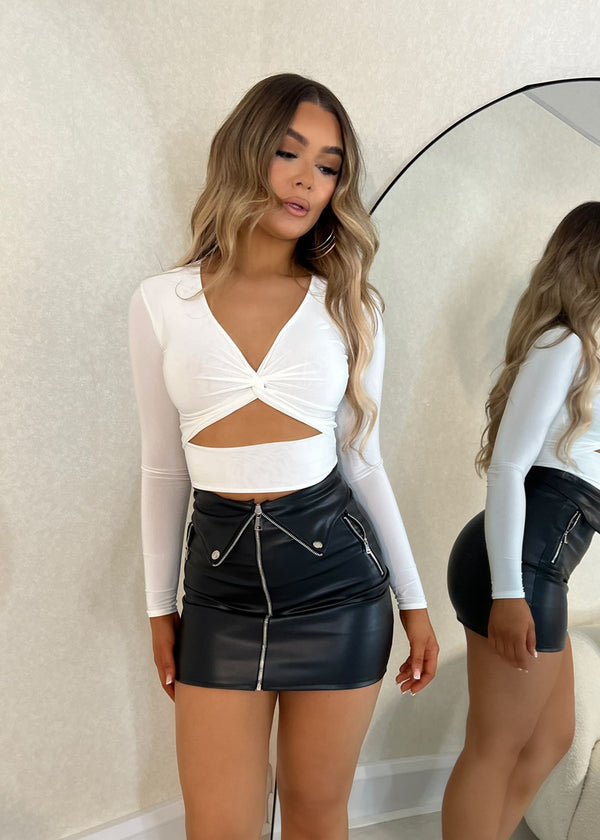 Sweet Desire Long Sleeved Twist Knot Cut Out Crop Top - White