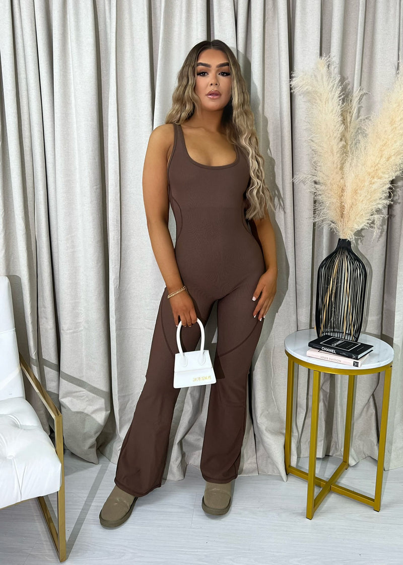 Back to Basics Ribbed Jersey Sleeveless Flared Jumpsuit - Brown