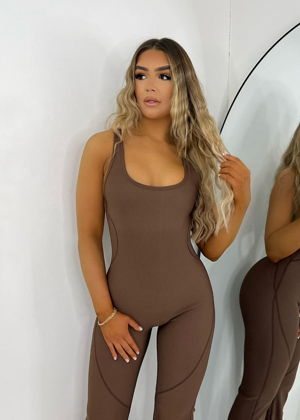 Back to Basics Ribbed Jersey Sleeveless Flared Jumpsuit - Brown