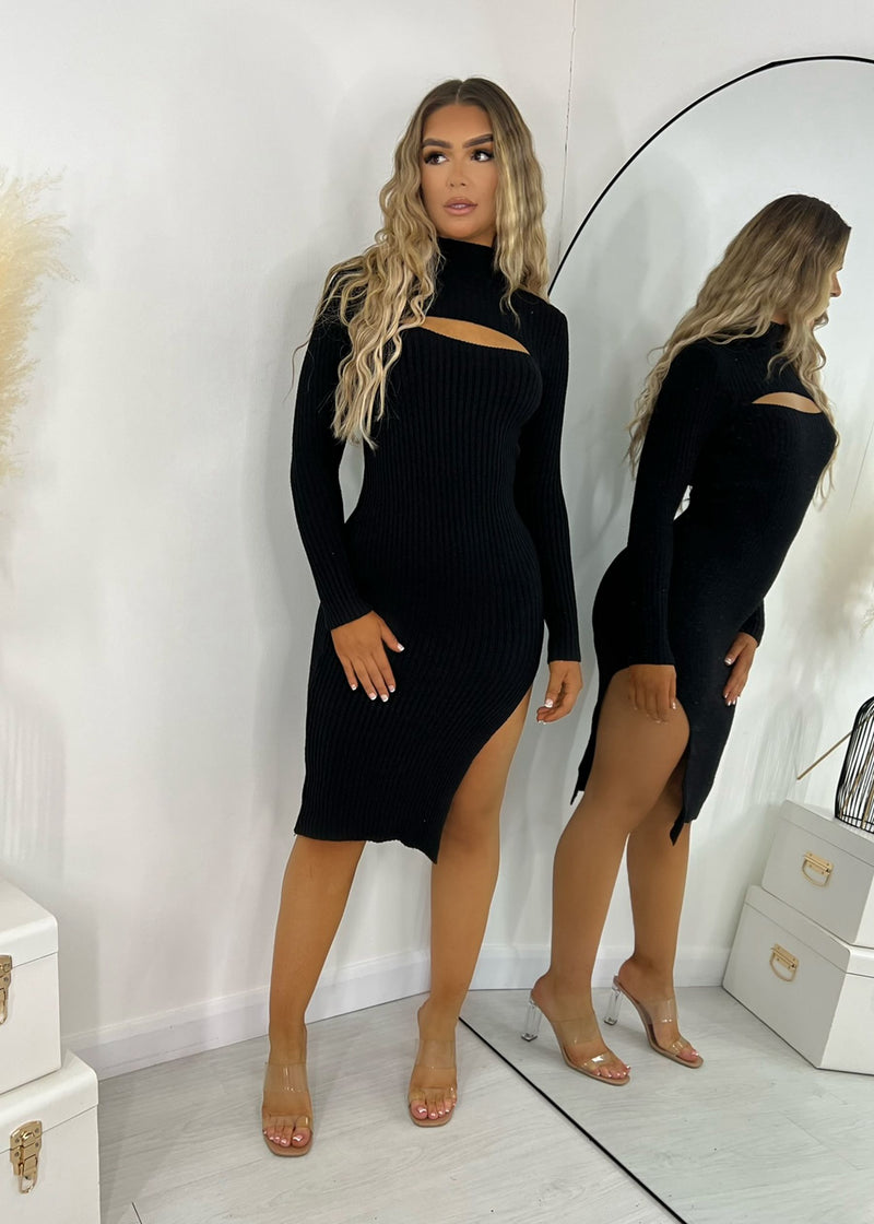 One Take Knitted High Neck Cut Out Midi Bodycon Dress - Black