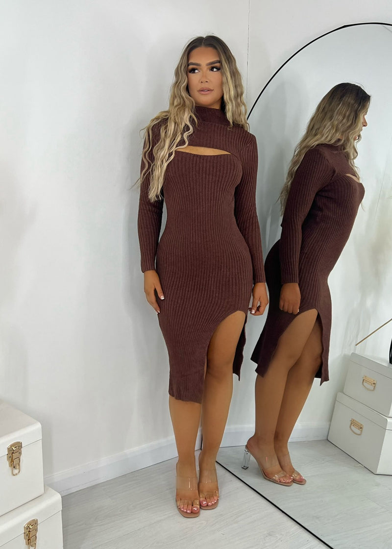 One Take Knitted High Neck Cut Out Midi Bodycon Dress - Brown