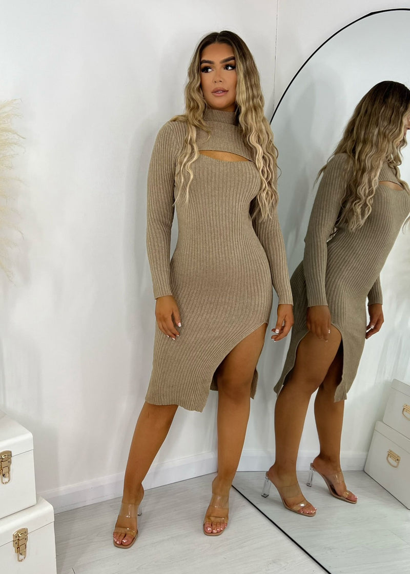 One Take Knitted High Neck Cut Out Midi Bodycon Dress - Camel