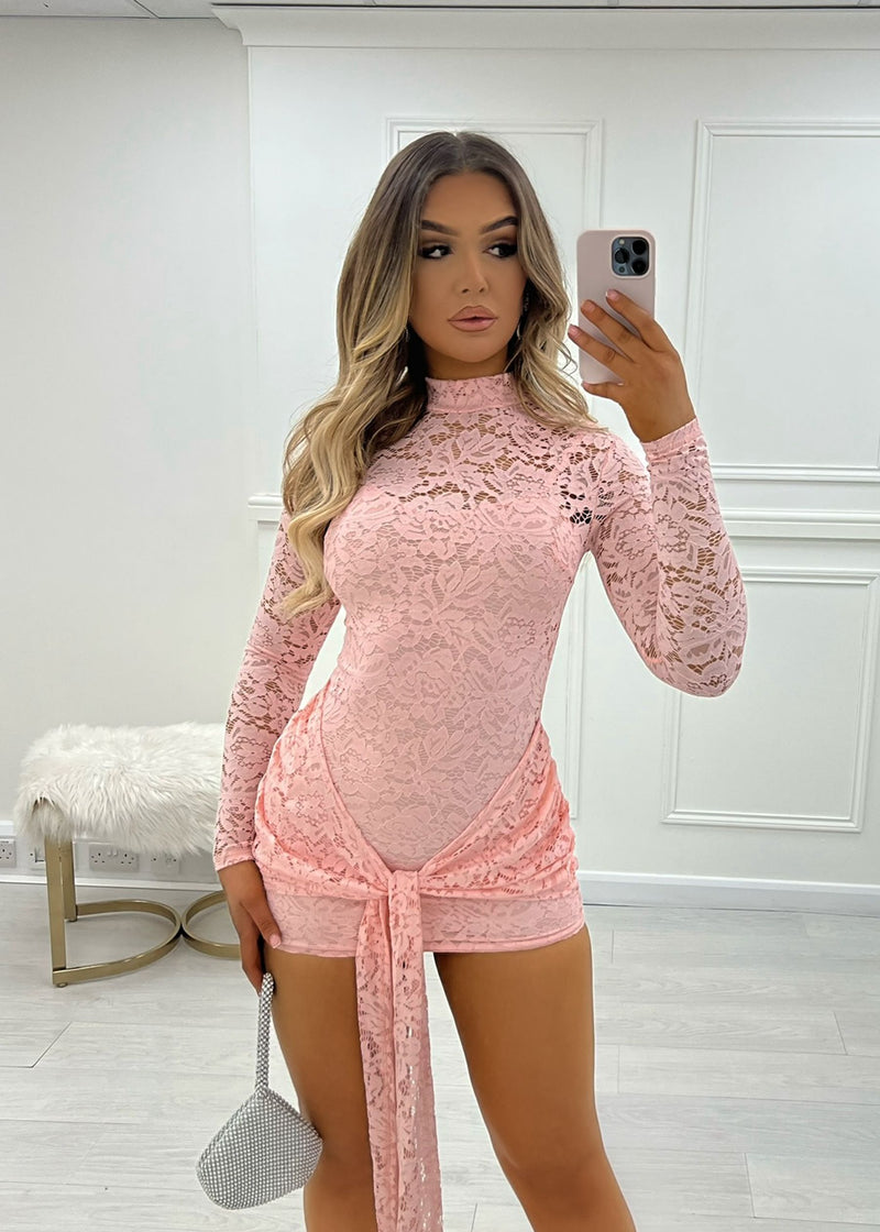 Love Club Lace High Neck Tie Detail Dress - Pink