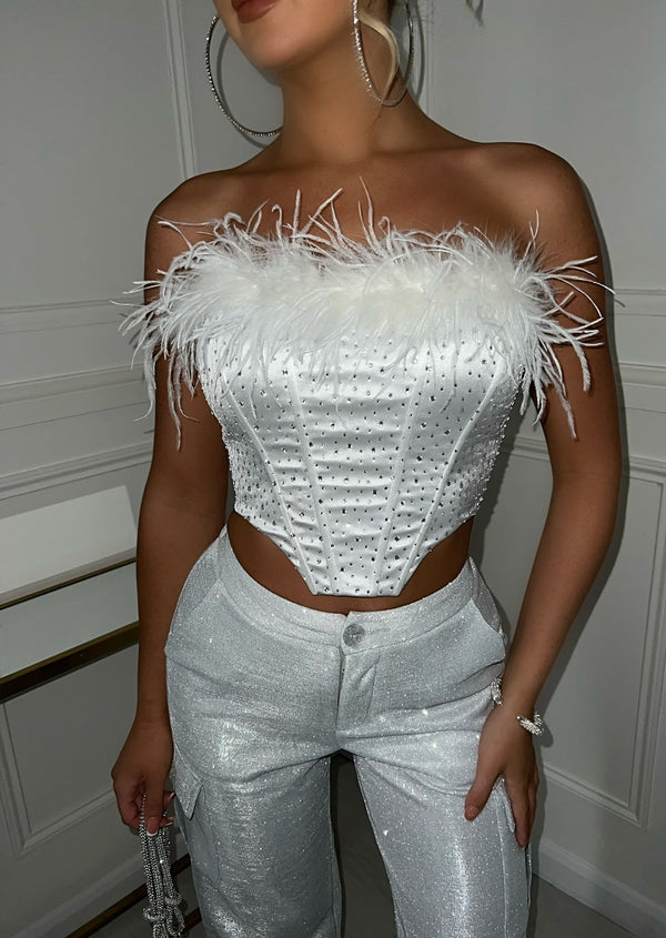 New Flame Embellished Corset Top with Feather Trim - White