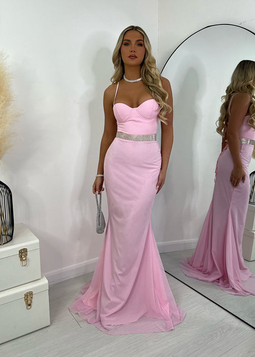 Secret Love Glitter Mesh Gown with Diamante Belt - Pink