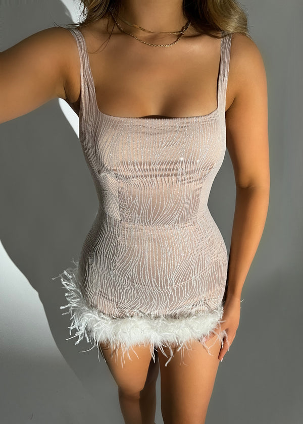 Glitz and Glamour Glitter Feather Detail Mini Dress - White