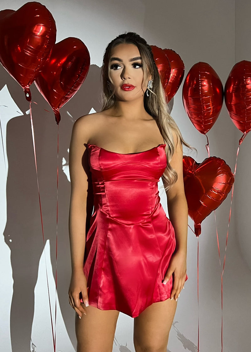 Curious Heart Mini A-Line Satin Dress - Red