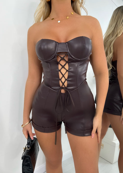 Need You Most PU Playsuit - Brown