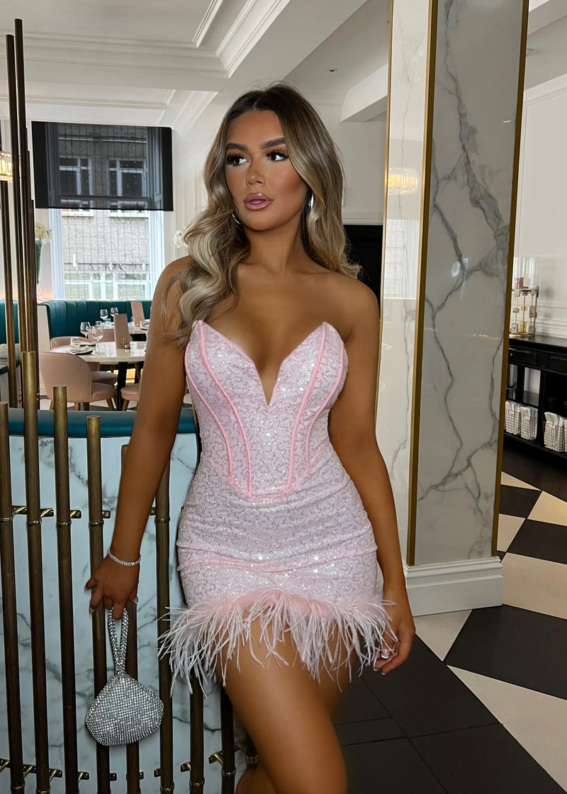 Princess Vibes Sequin Feather Mini Dress - Pink