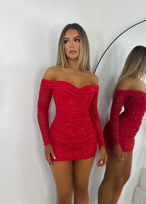 Kylie Sparkle Mesh Mini Dress - Red Sparkle