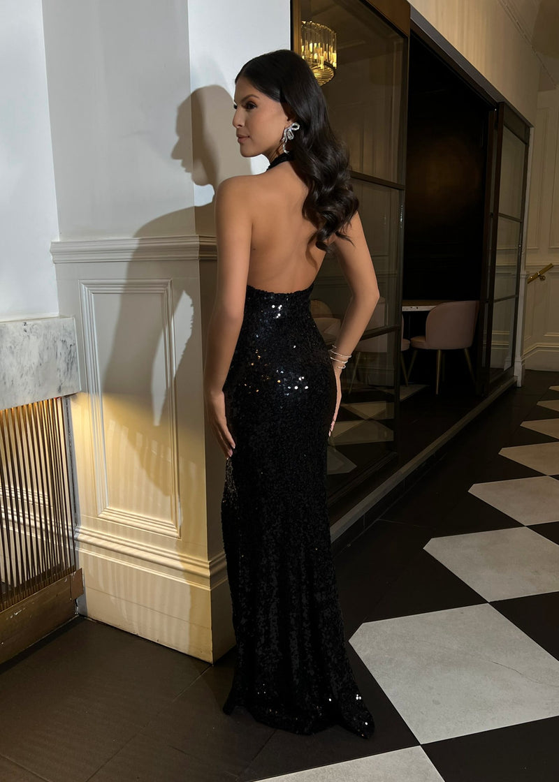 Centre Stage Sequin Gown with Split - Black
