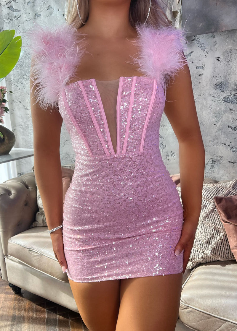 Saski Feather Mini Dress - Pink