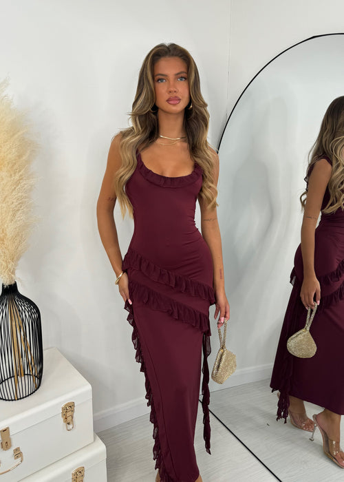 Sweet Intentions Ruffle Maxi Dress - Burgundy