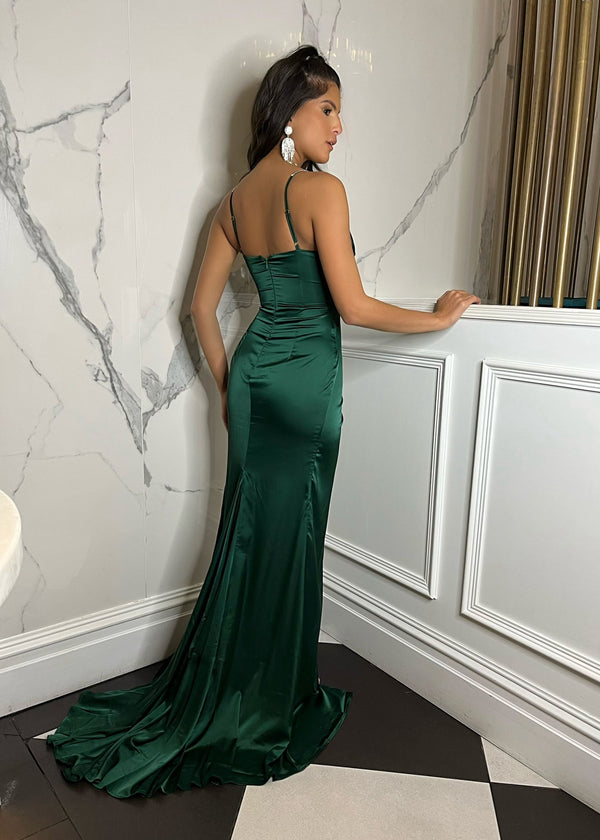 Elegant Desire Satin Split Gown - Emerald Green