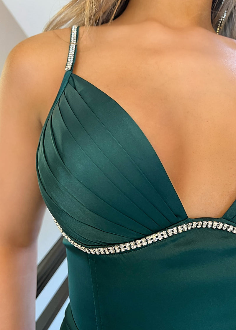 Elegant Desire Satin Split Gown - Emerald Green