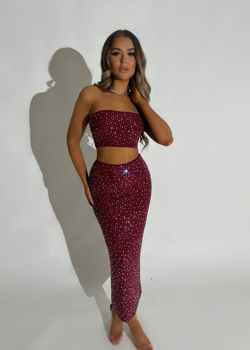 Drive Them Wild Embellished Two Piece - Burgundy