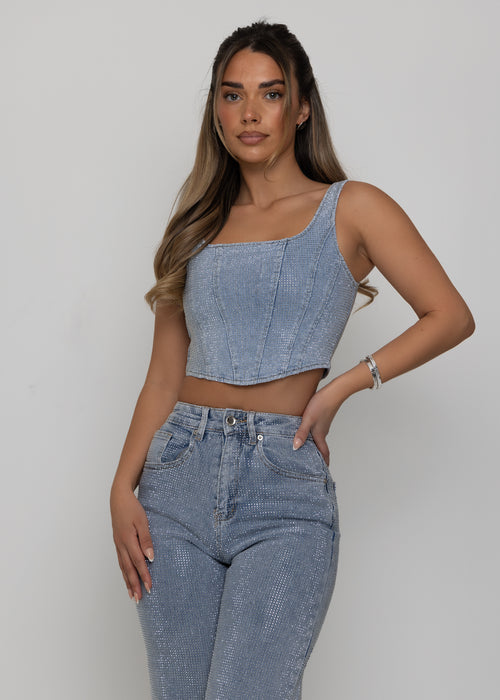 Forever Sparkle Diamante Straight Leg Jean - Blue