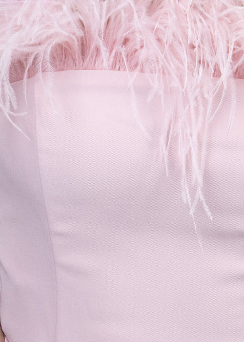 Close up of pink feather embellishments on gown and fabric. 