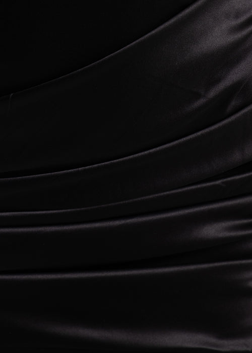 Black satin fabric swatch with a smooth, glossy finish.