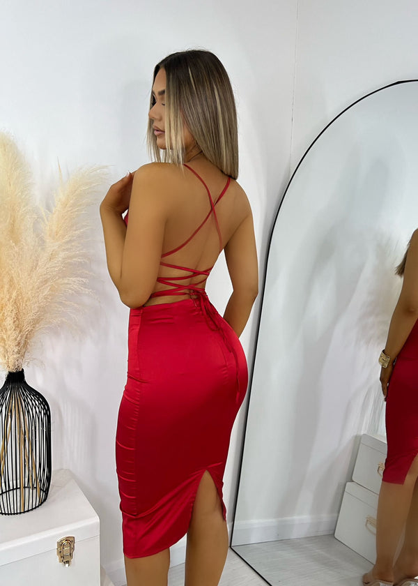 Brianna Satin Midi Dress - Red
