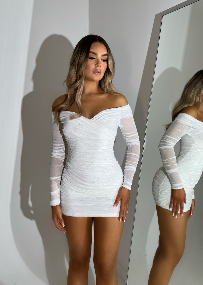 Kylie Sparkle Mesh Mini Dress - White Sparkle