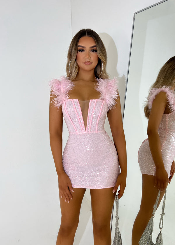 Saski Feather Mini Dress - Pink