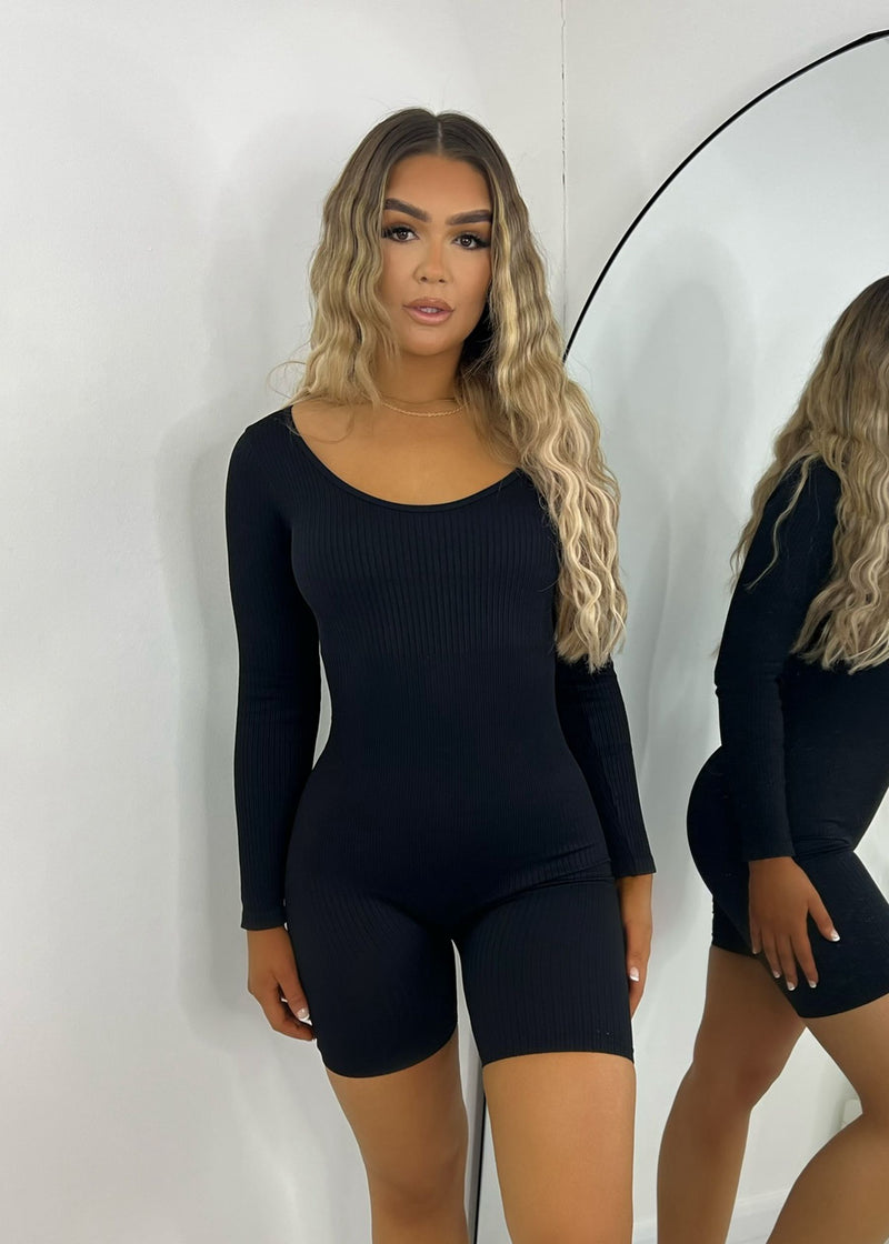 Know Your Worth Long Sleeve Romper - Black