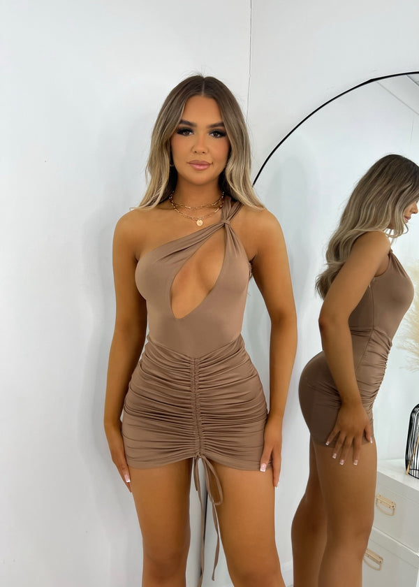 For Keeps Ruched Cut Out Mini Dress - Mocha