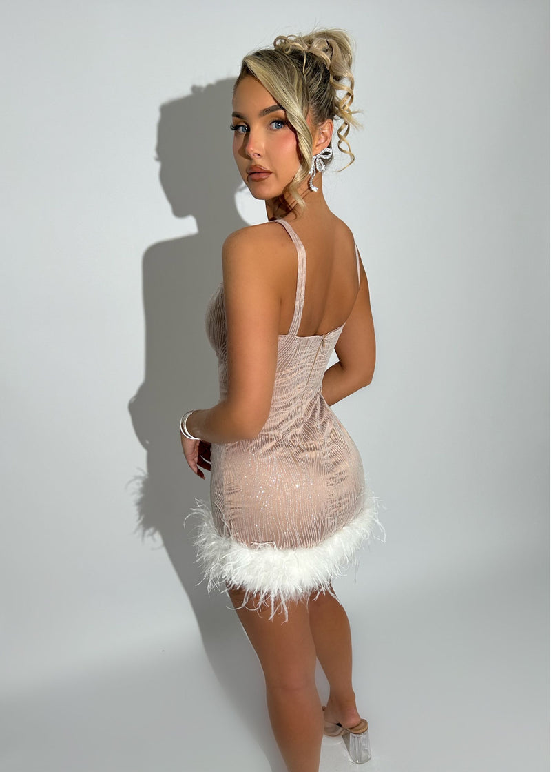Glitz and Glamour Glitter Feather Detail Mini Dress - White