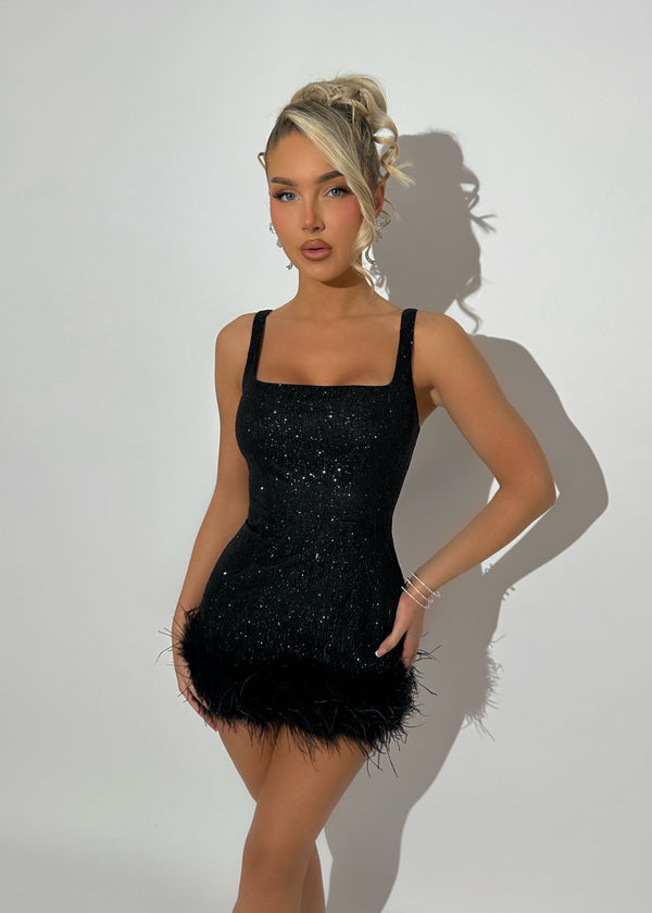 Glitz and Glamour Glitter Feather Detail Mini Dress - Black