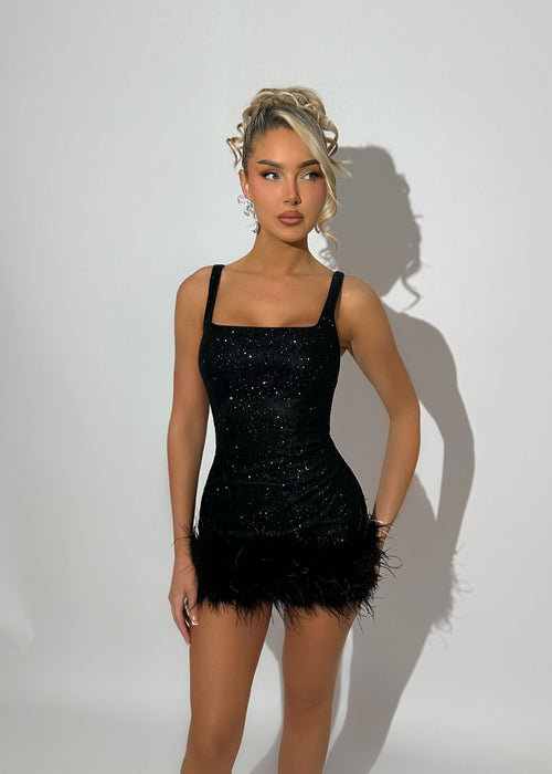 Glitz and Glamour Glitter Feather Detail Mini Dress - Black