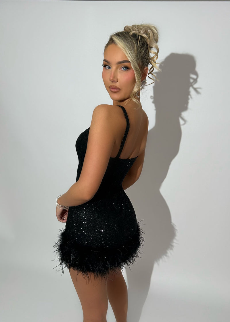 Glitz and Glamour Glitter Feather Detail Mini Dress - Black