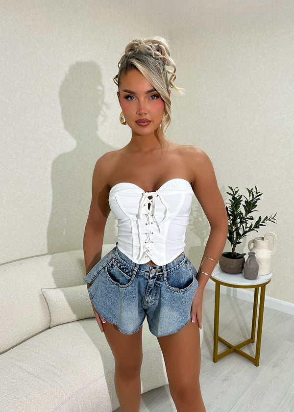 Good Spirits Strapless Lace Up Corset Top - White