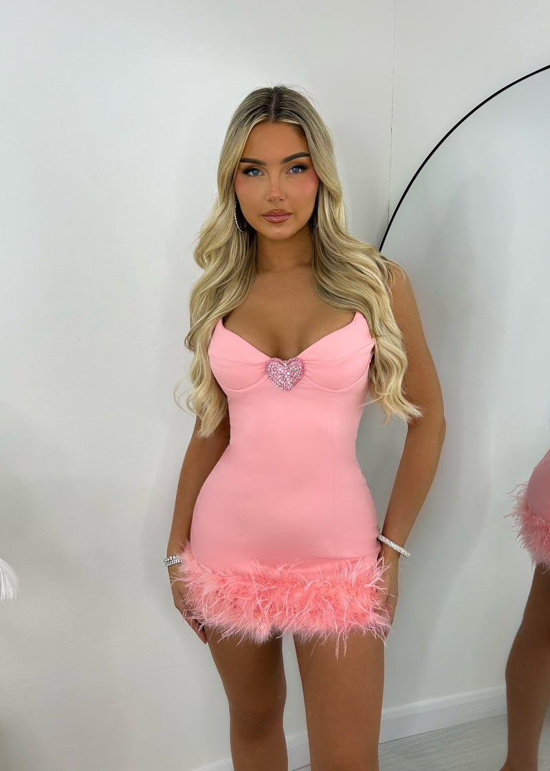 In the Name of Love Feather Trim Mini Dress -  Pink