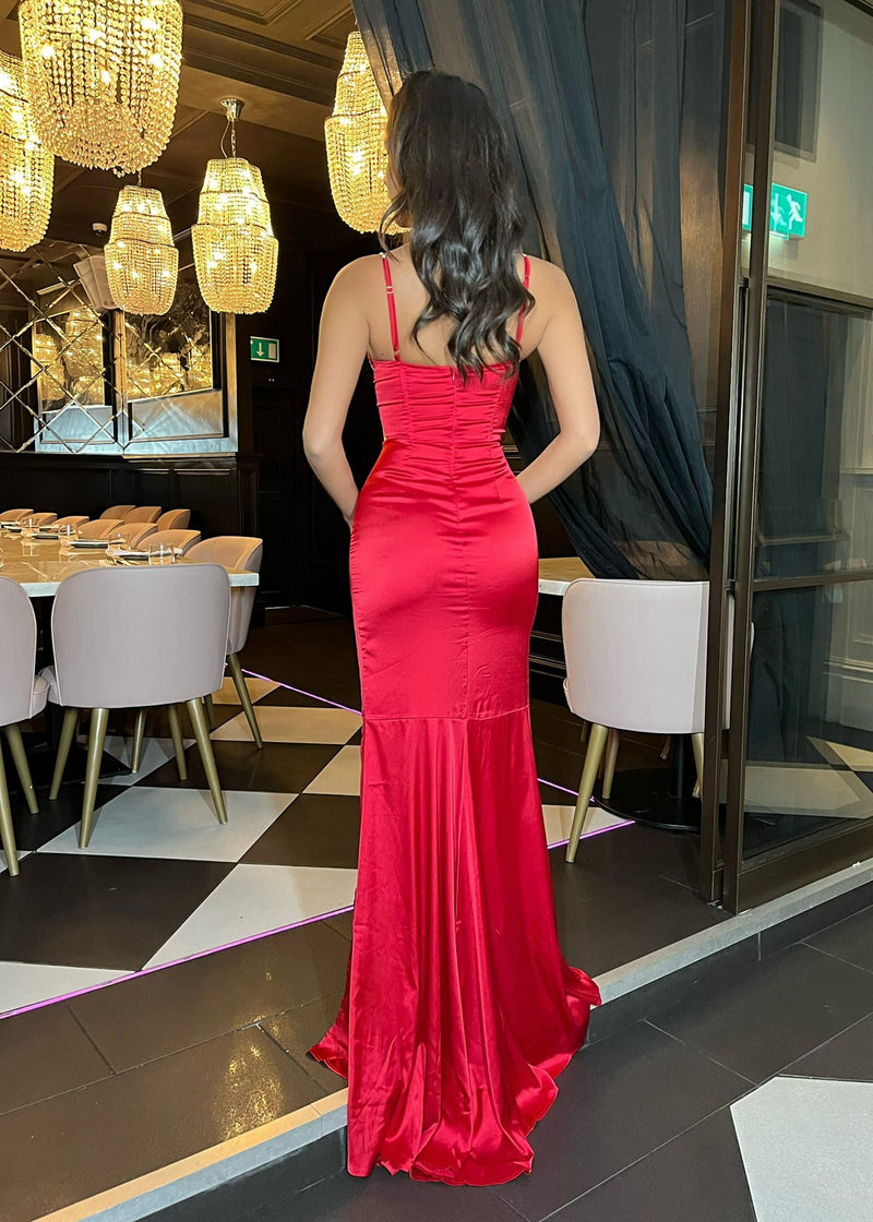 Carley Diamante Satin Split Gown - Red