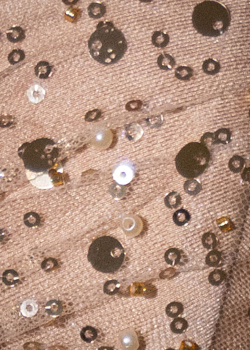 Women's gold sequin and beaded maxi dress with built in bodysuit and sheer maxi skirt fully embellished. Figure hugging fit, strapless style and built in cups. Model is 5ft2' and wears a size XS 6.