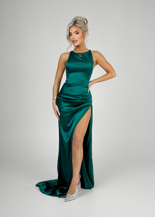 Women's emerald green satin gown with crew neckline and thigh slit with bodycon con fit. 