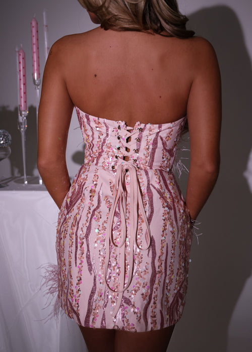 Women's pink embellished mini dress with strapless design and a bodycon fit. Fully embellished with pink feathers, pink sequins and pink glitters. Model is 5ft2' and wears a size XS 6.