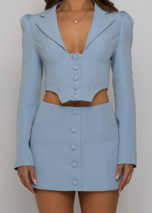 Tailored Dreams blue blazer crop top with plunging V-neckline