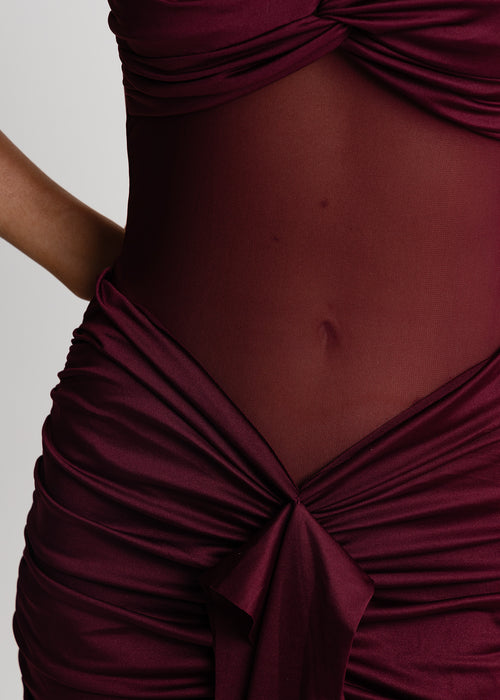 Wine mesh detail and slinky fabric close up detailed swatch.