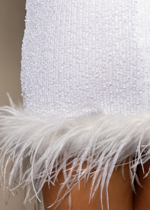 Close up swatch of white sequin fabric and white feather trim. 
