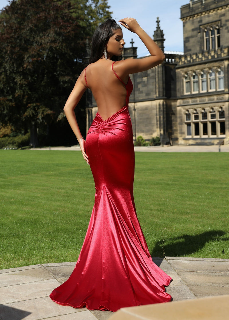 Simply Fashion Red Satin Mismatched Slit Long Prom Gowns - Lunss