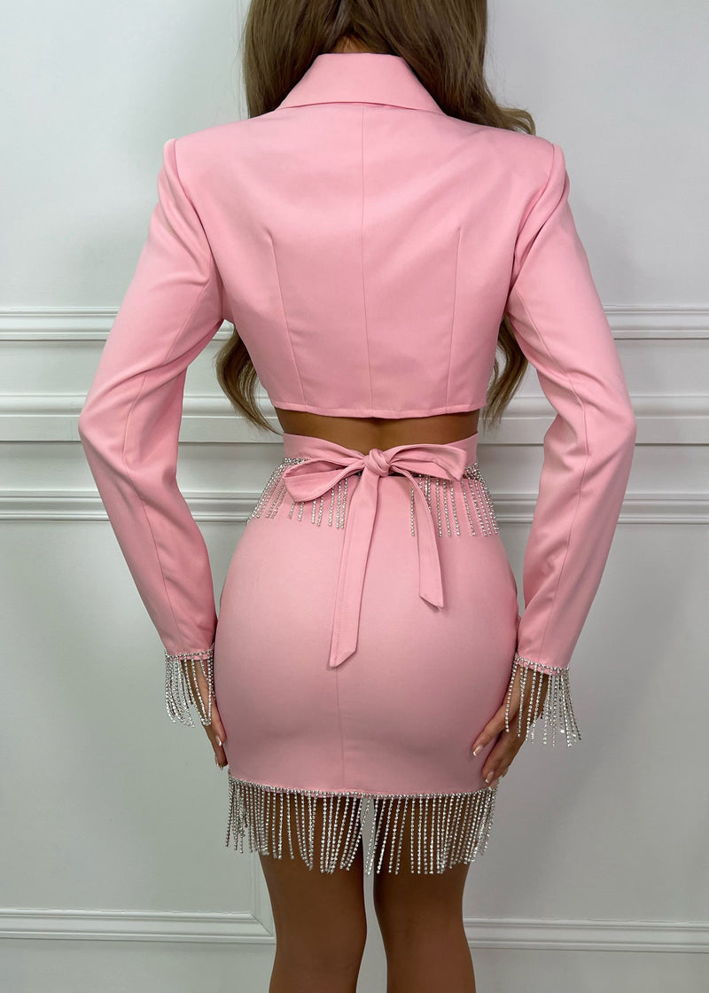 Philippa Premium Hand Embellished Diamante Fringe Mini Skirt - Pink
