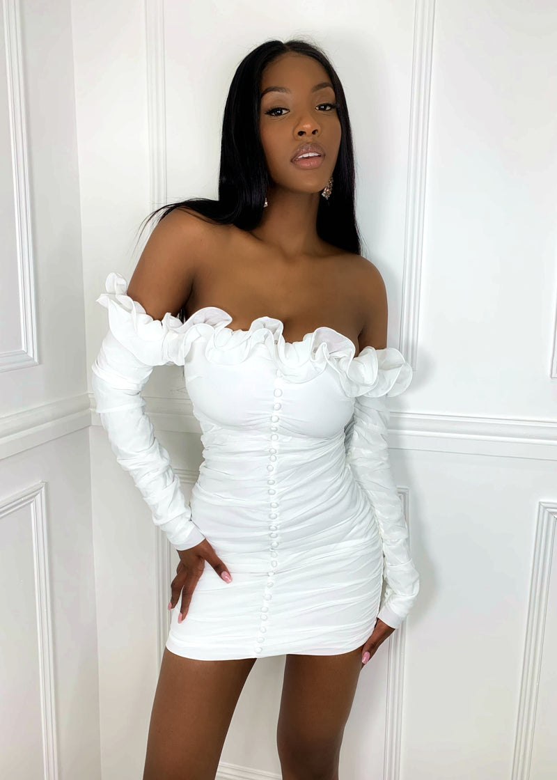 In the Moment Frill Bardot Dress - White