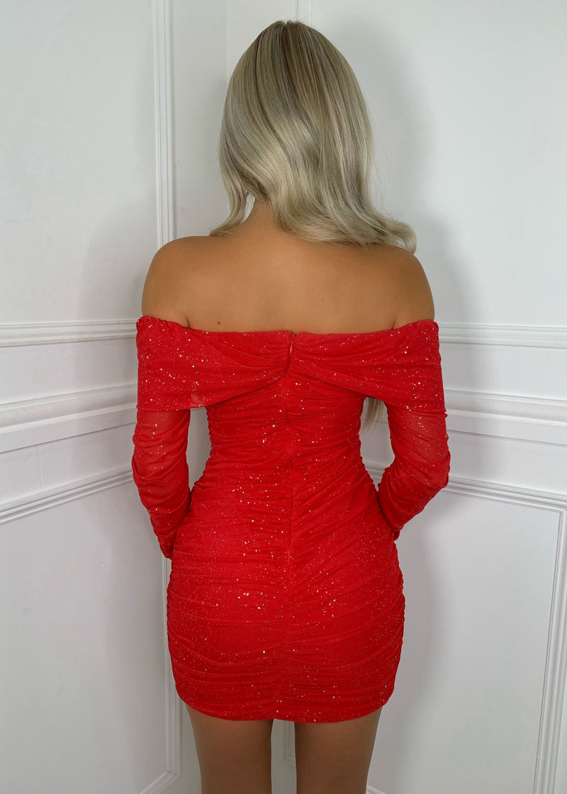 Kylie Sparkle Mesh Mini Dress - Red Sparkle